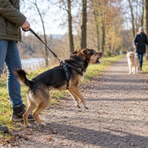 Hund bellt an gespannter Leine bei einer Begegnung mit einem anderen Hund auf einem herbstlichen Waldweg.