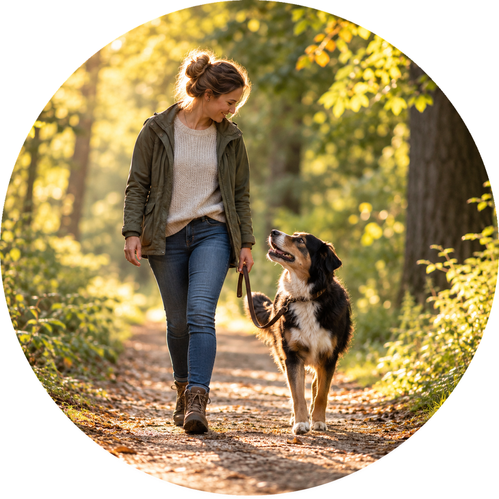 Frau und Hund gehen gemeinsam auf einem sonnigen Waldweg spazieren. Der Hund blickt aufmerksam zu ihr auf.